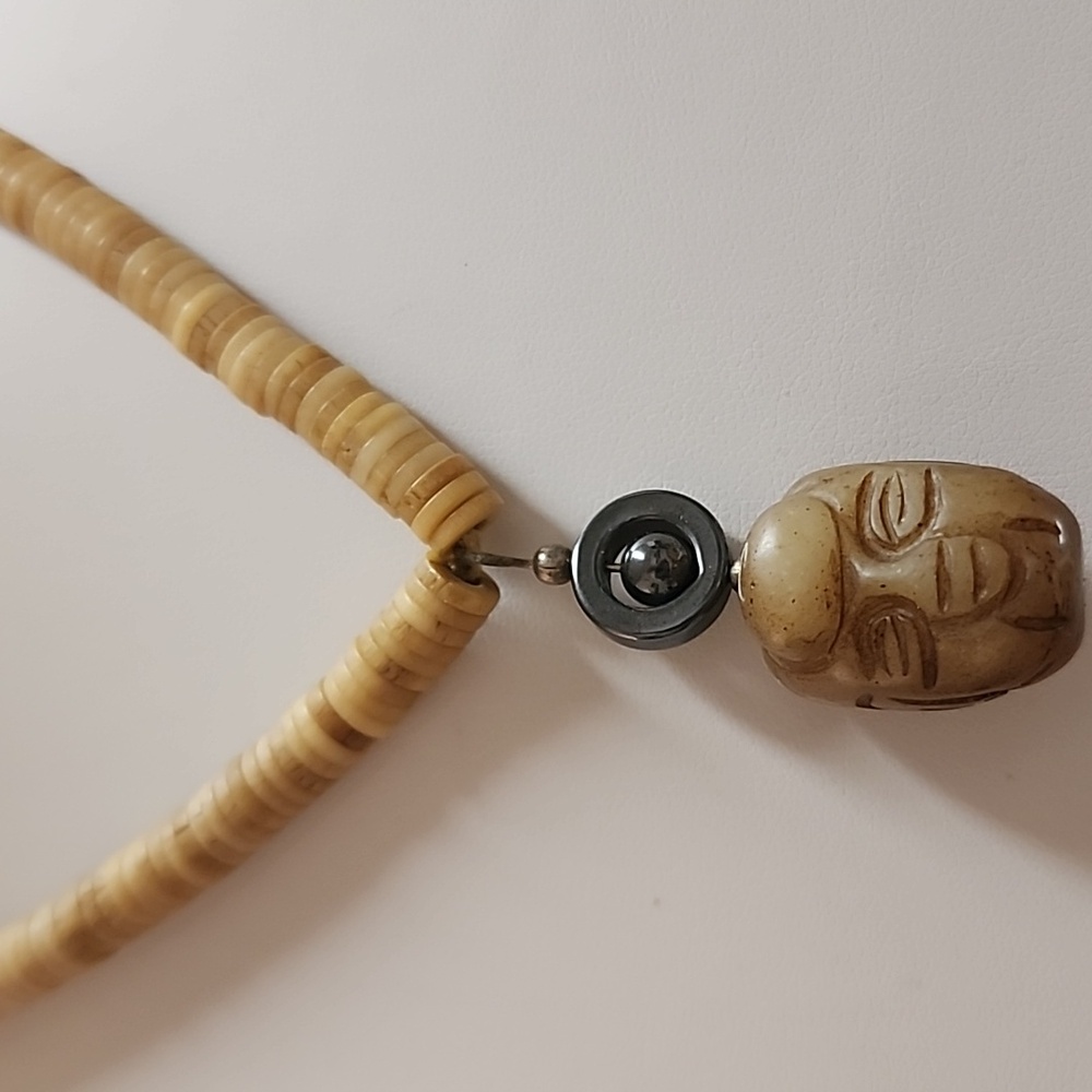 Vintage Celadon Nephrite Jade and Bone Carved Heishe Necklace